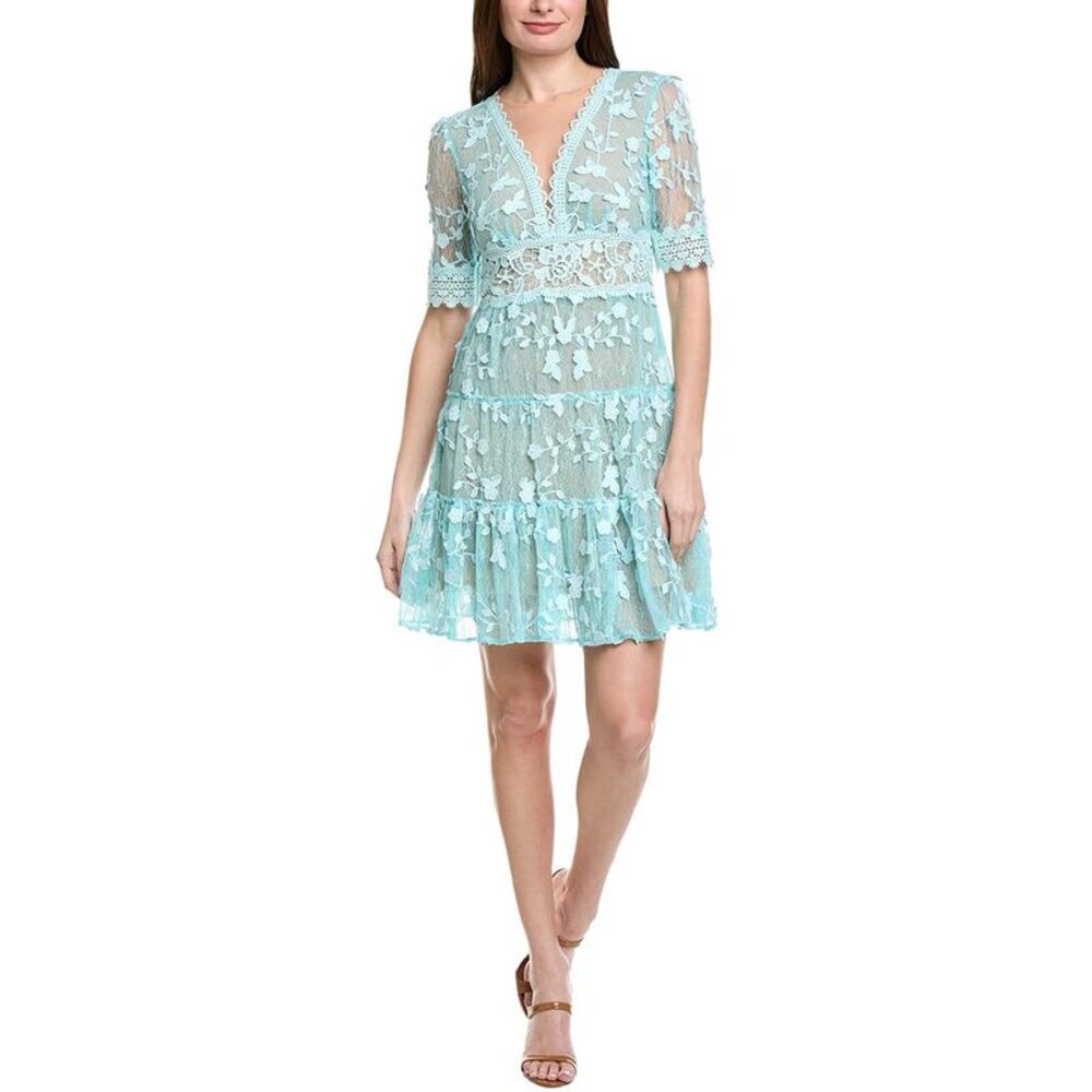 Adrianna Papell Aqua Lace V‑Neck Tiered Mini Dress